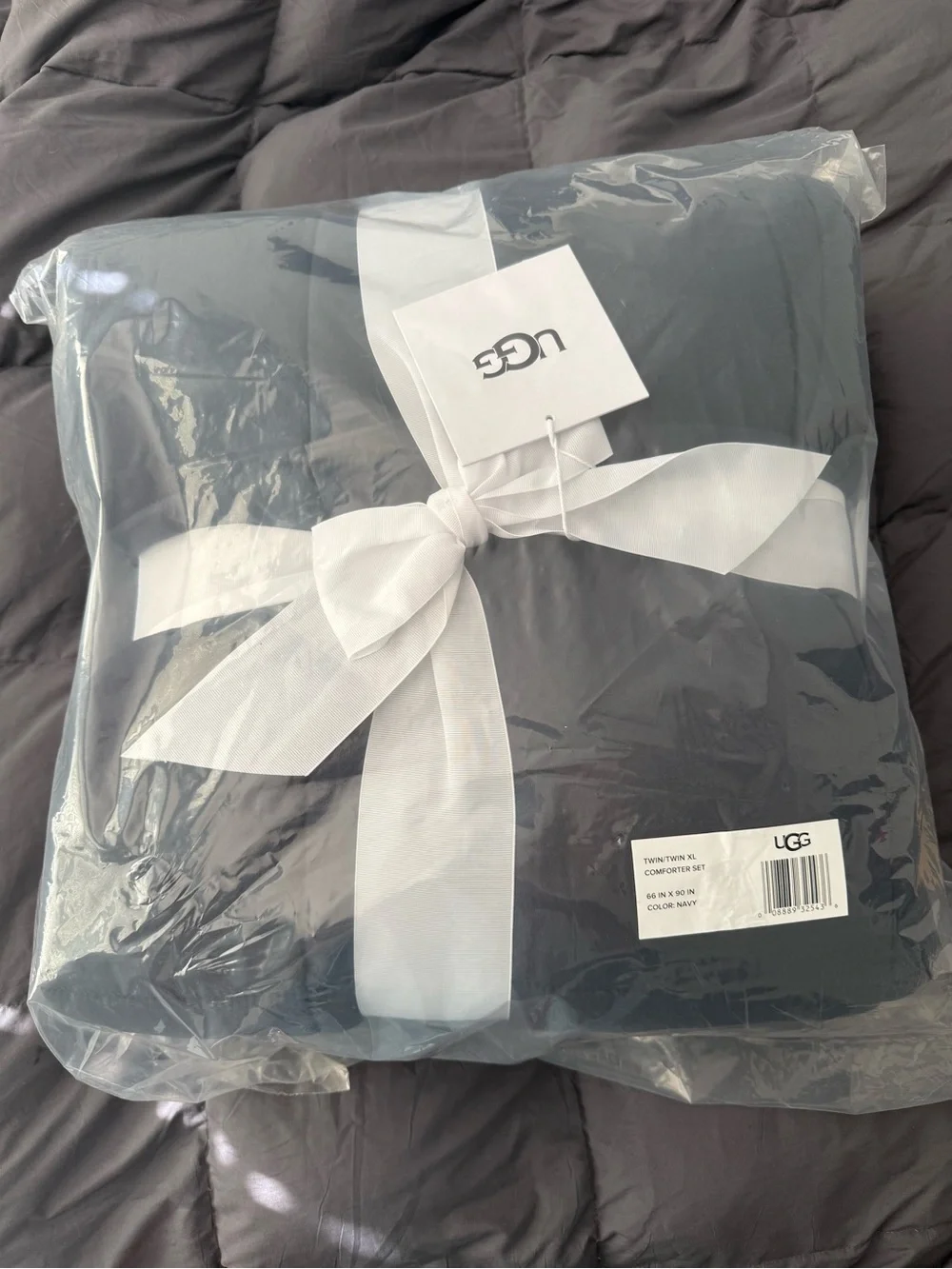UGG Navy Comforter Set with White Ribbon Packaging